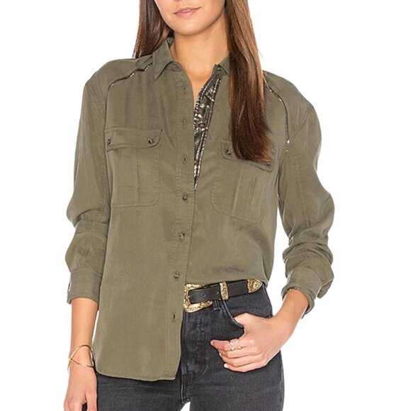 FREE People Off Campus Button Up Shirt Collared Long Sleeve Casual Army Green XS - Picture 1 of 10